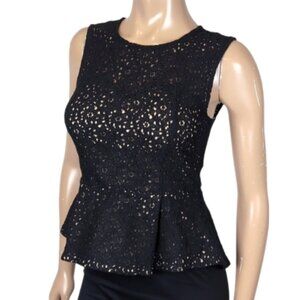 Forever 21 Lace Peplum Top Sleeveless Sheer Nude Floral Overlay Keyhole Illusion